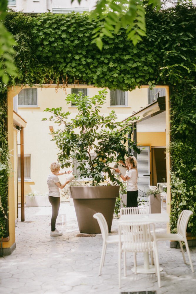 housekeeping staff taking care of the big lemon in the courtyard